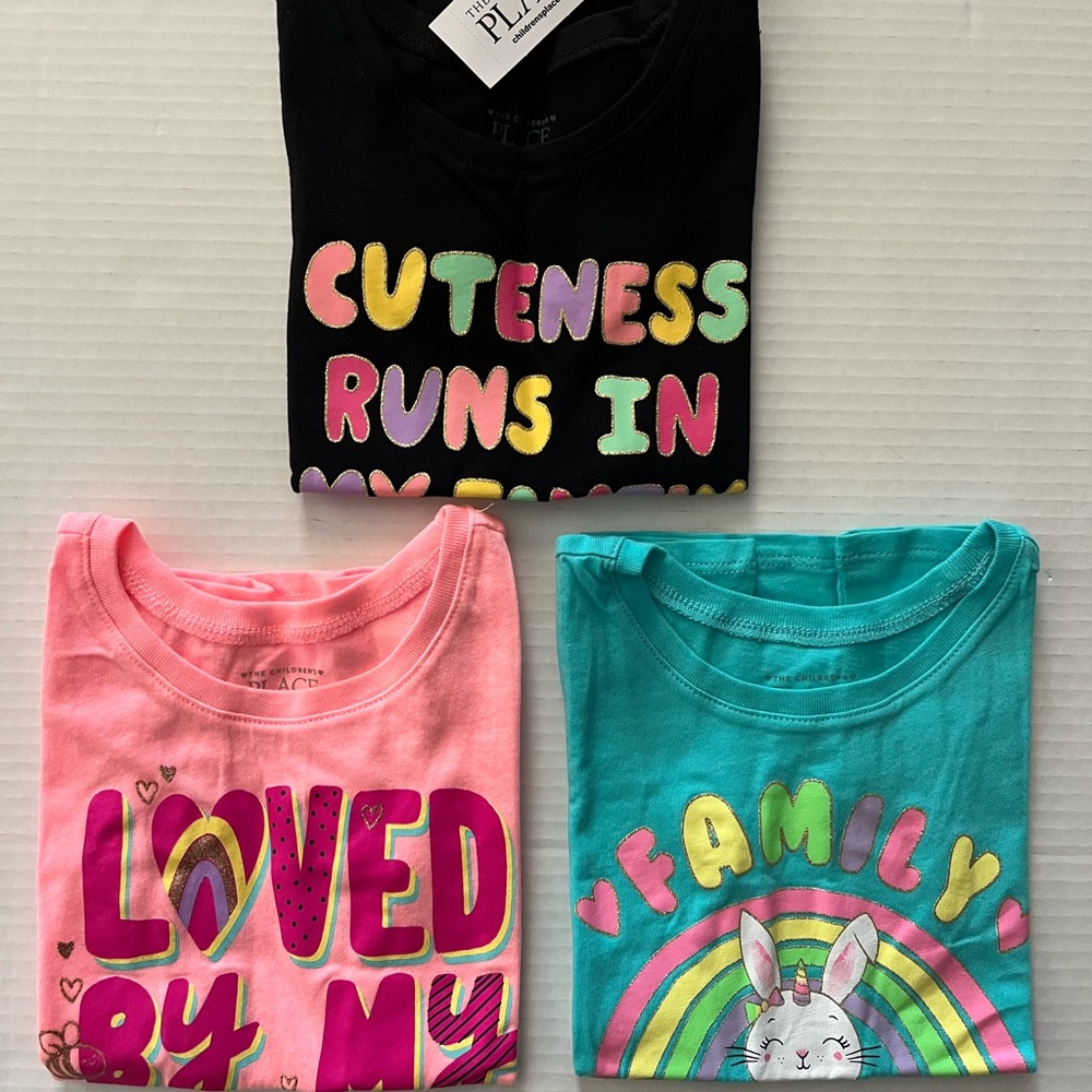 The childrens Place NWT Girls set of 3 shirts tops. Rainbow glitter family bunny
